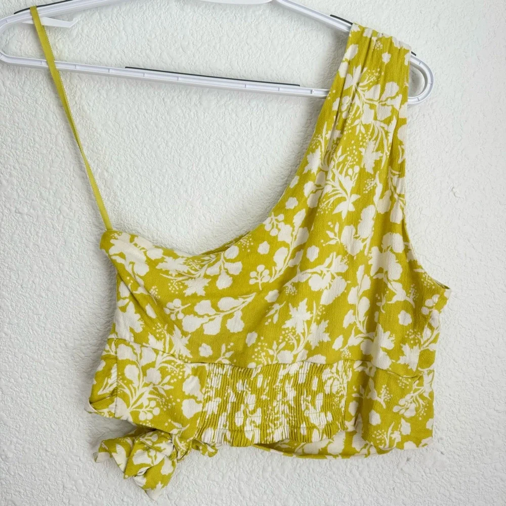 Free People Carmen one shoulder yellow tropical cropped tie blouse top size S